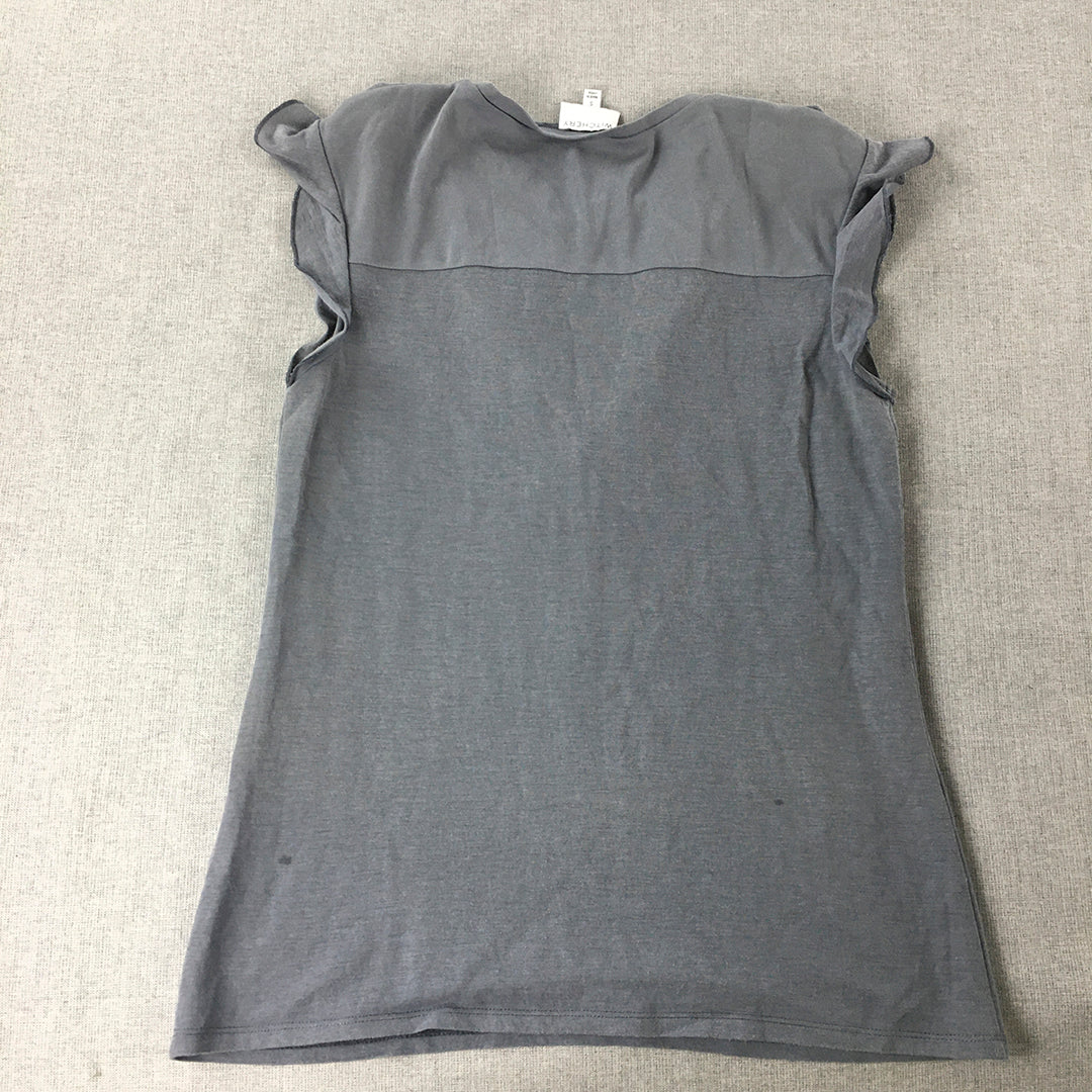 Witchery Womens Top Size S Grey Short Sleeve Frilled Crew Neck T-Shirt