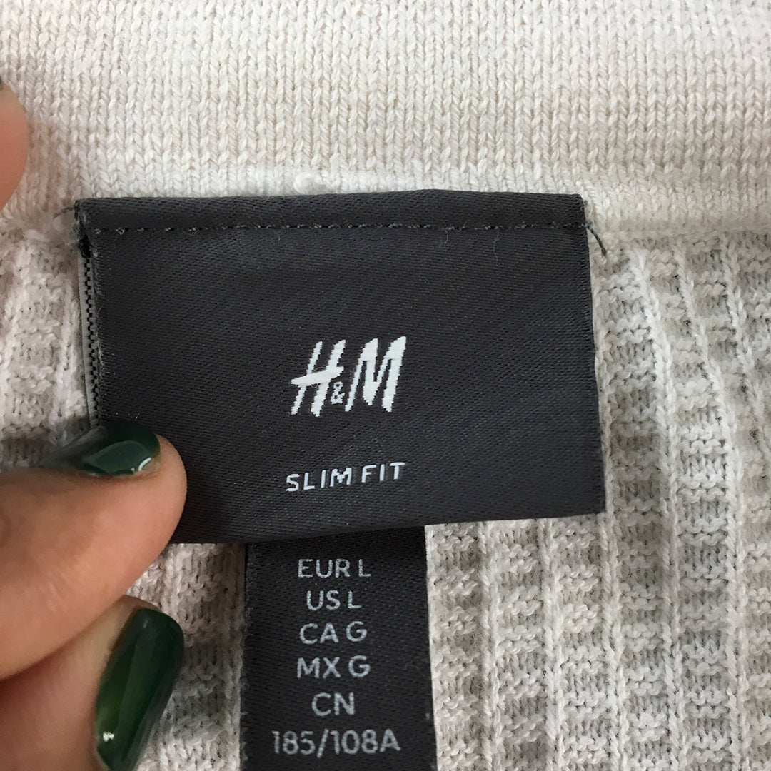 H&M Mens Knit Polo Shirt Size L Slim Fit White Collared Short Sleeve Rugby