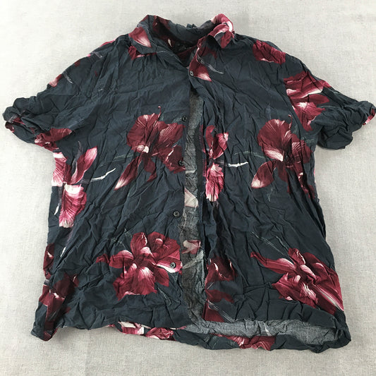 H&M Womens Hawaiian Shirt Size XL Blue Red Floral Button-Up Short Sleeve