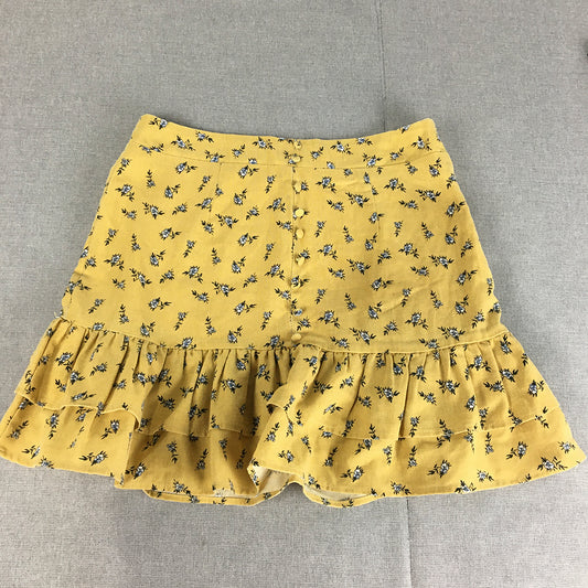 Ally Womens Linen Mini Skirt Size 10 Yellow Floral Frilled Hem