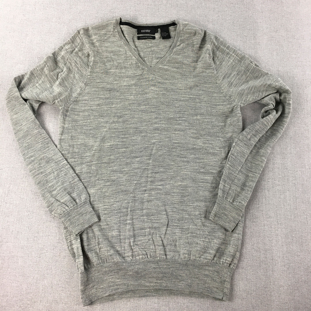 Oxford Mens 100% Merino Wool Sweater Size L Grey V-Neck Knit Jumper