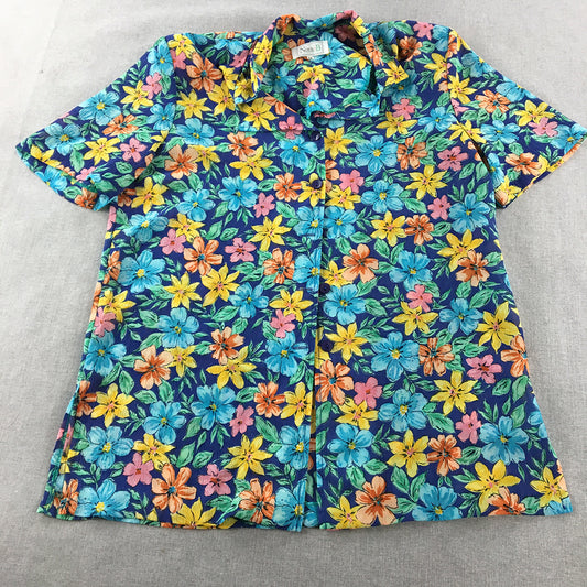 Vintage Noni B Womens Shirt Size 14 Blue Floral Hawaiian Loud Button-Up