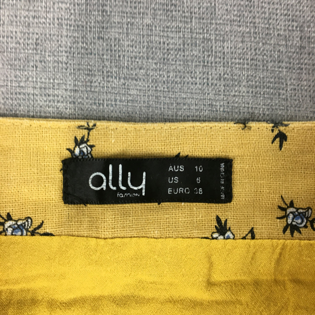 Ally Womens Linen Mini Skirt Size 10 Yellow Floral Frilled Hem