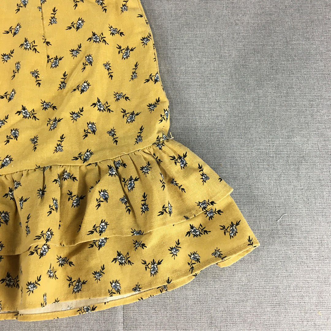 Ally Womens Linen Mini Skirt Size 10 Yellow Floral Frilled Hem