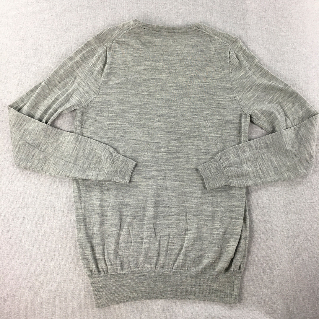 Oxford Mens 100% Merino Wool Sweater Size L Grey V-Neck Knit Jumper