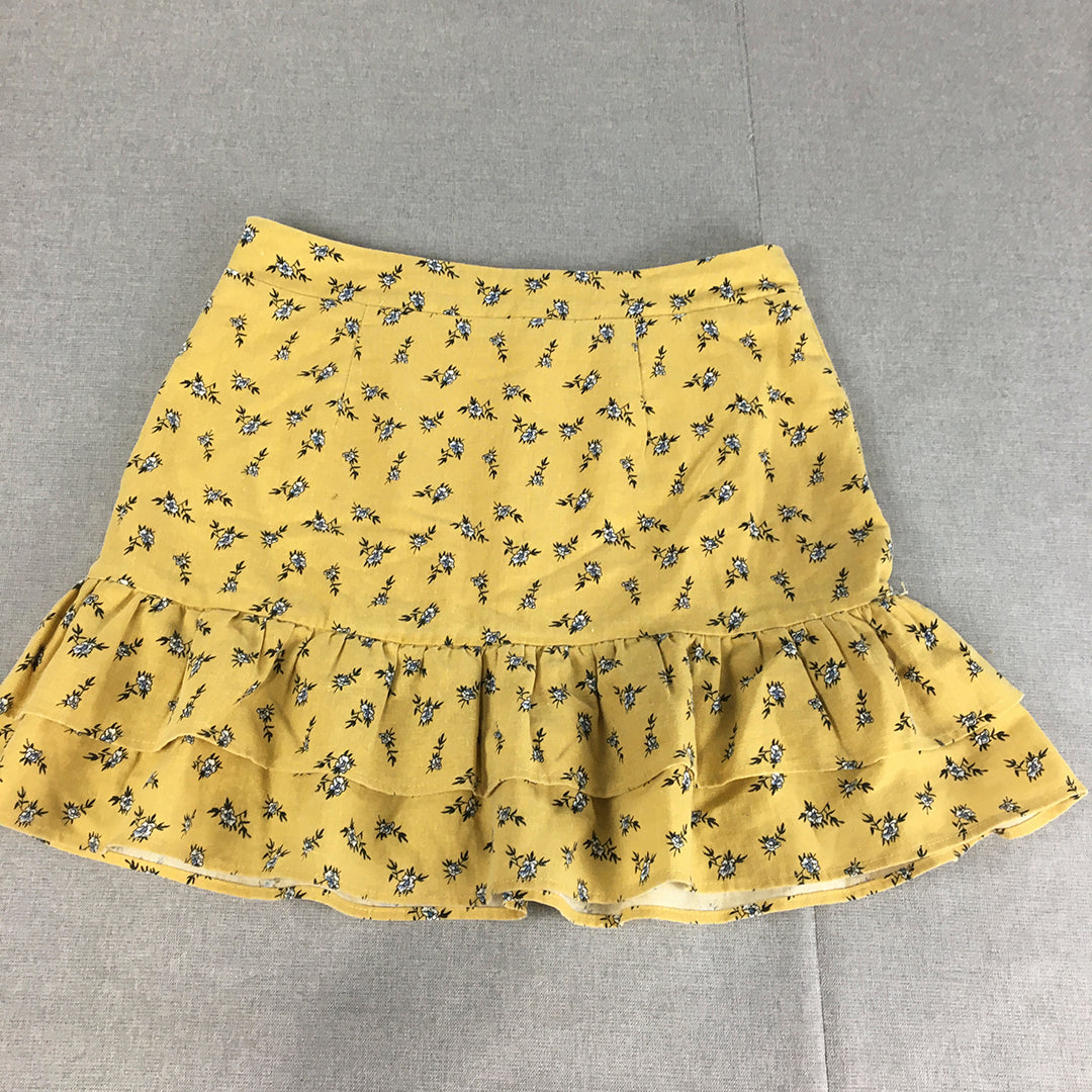 Ally Womens Linen Mini Skirt Size 10 Yellow Floral Frilled Hem