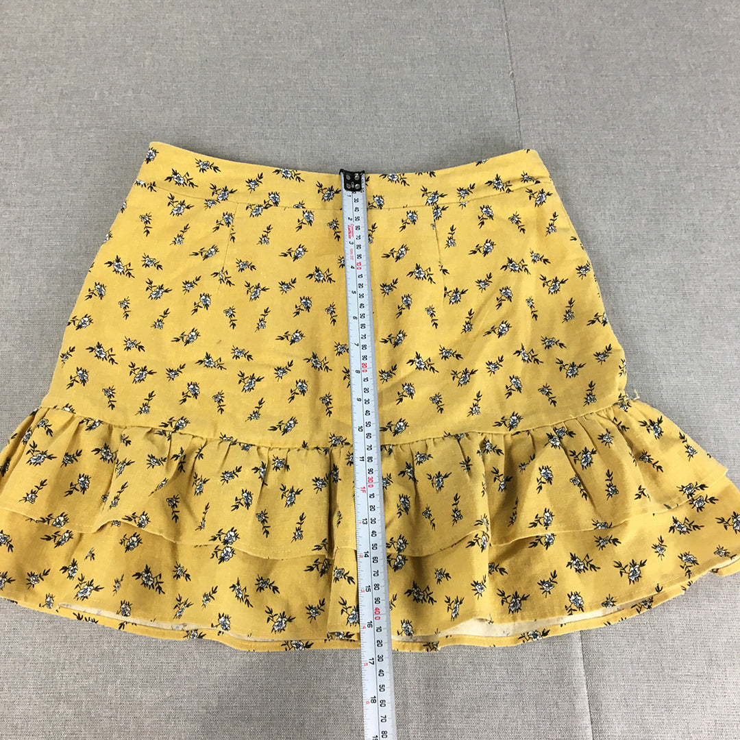 Ally Womens Linen Mini Skirt Size 10 Yellow Floral Frilled Hem