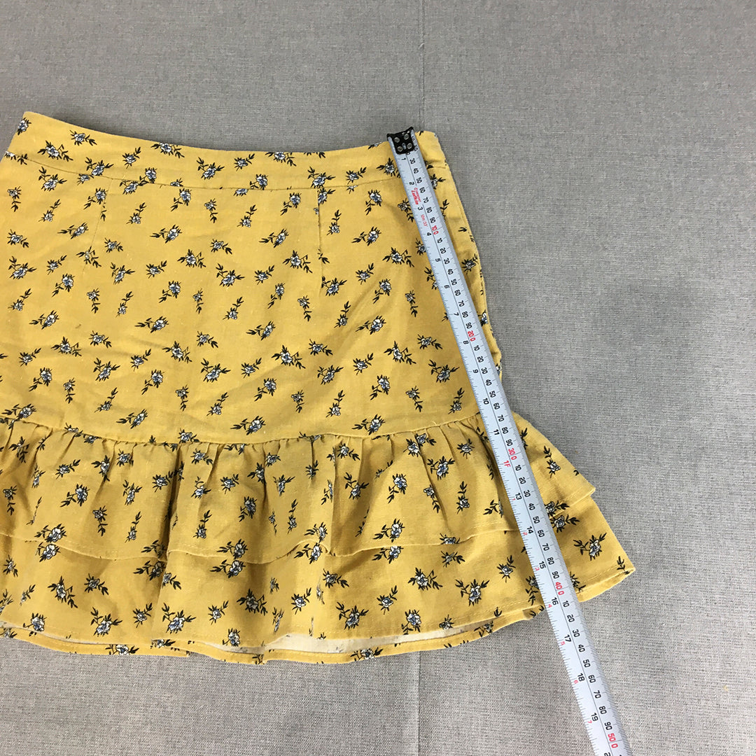 Ally Womens Linen Mini Skirt Size 10 Yellow Floral Frilled Hem