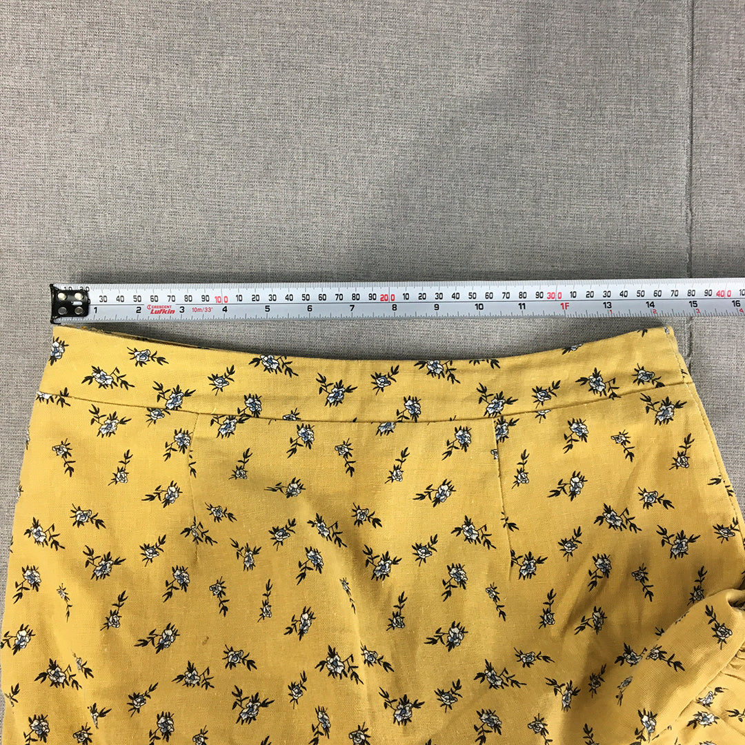 Ally Womens Linen Mini Skirt Size 10 Yellow Floral Frilled Hem