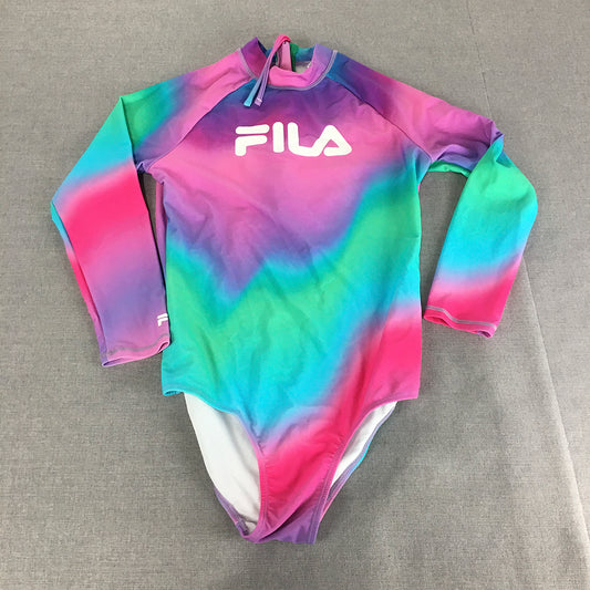 FILA Kids Girls Swimsuit Size 16 Pink Blue Logo Surf Swim One-Piece Long Sleeve