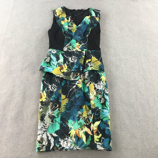 Portmans Womens Pencil Dress Size 6 Black Blue Floral Sleeveless Mini