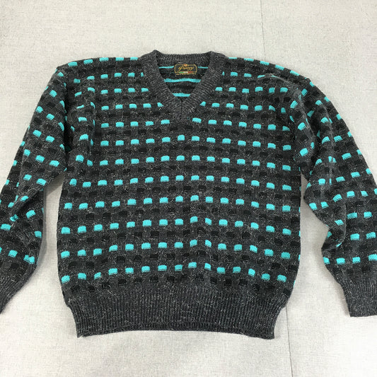 Vintage Perizzi Mens Knit Sweater Size L Black Blue Dot Knit V-Neck Jumper