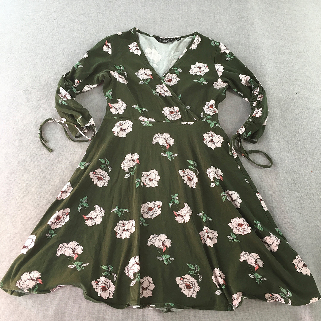 Dorothy Perkins Dress Size 6 Khaki Green Pink Floral A-Line Surplice Neckline