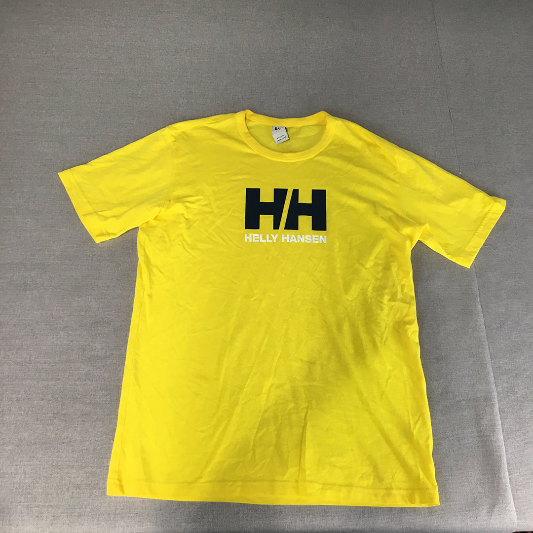 Helly Hansen Mens T-Shirt Size L Yellow Big Logo Crew Neck Short Sleeve Tee