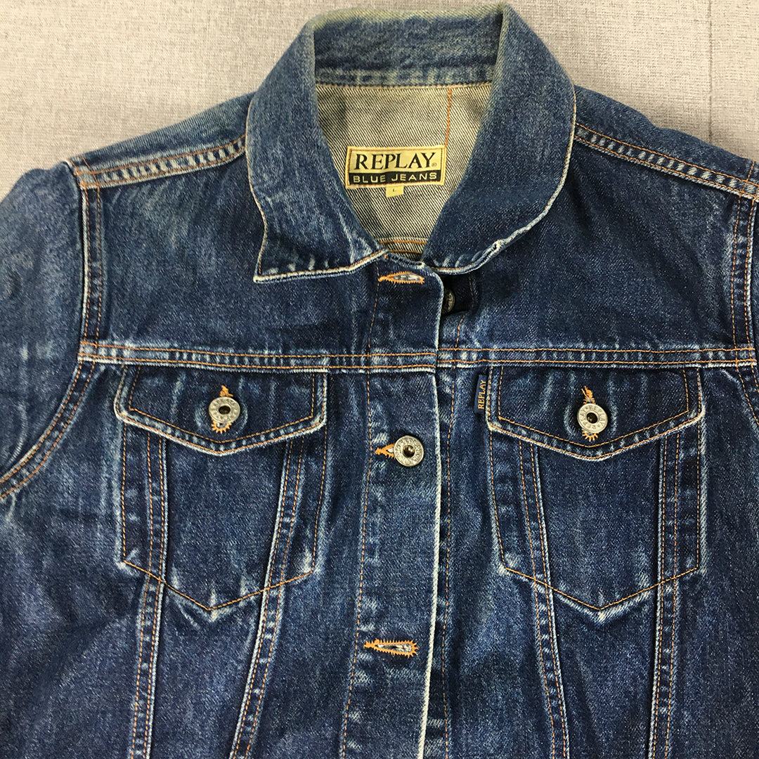 Vintage Replay Womens Jean Jacket Size L Blue Button Up Pockets Denim