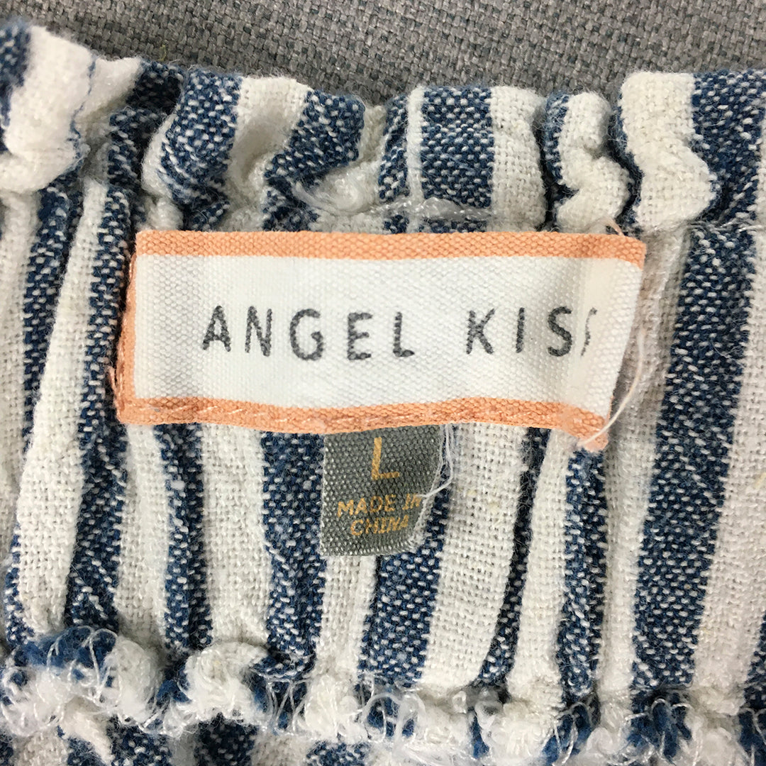 Angel Kiss Womens Linen Shorts Size L Blue White Elastic Waist