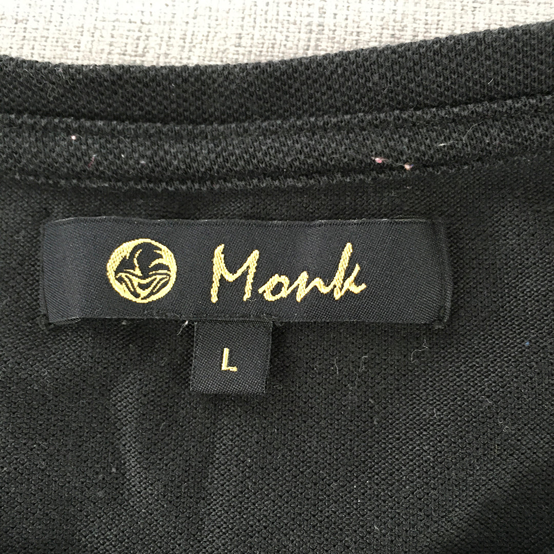 Monk Womens T-Shirt Size L Black Logo Short Sleeve Crew Neck Top