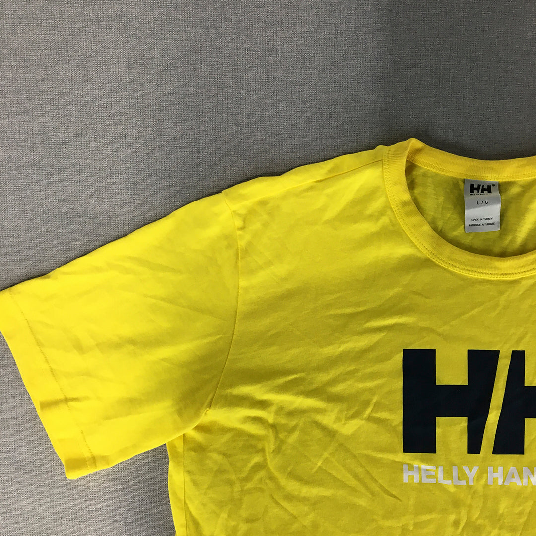 Helly Hansen Mens T-Shirt Size L Yellow Big Logo Crew Neck Short Sleeve Tee