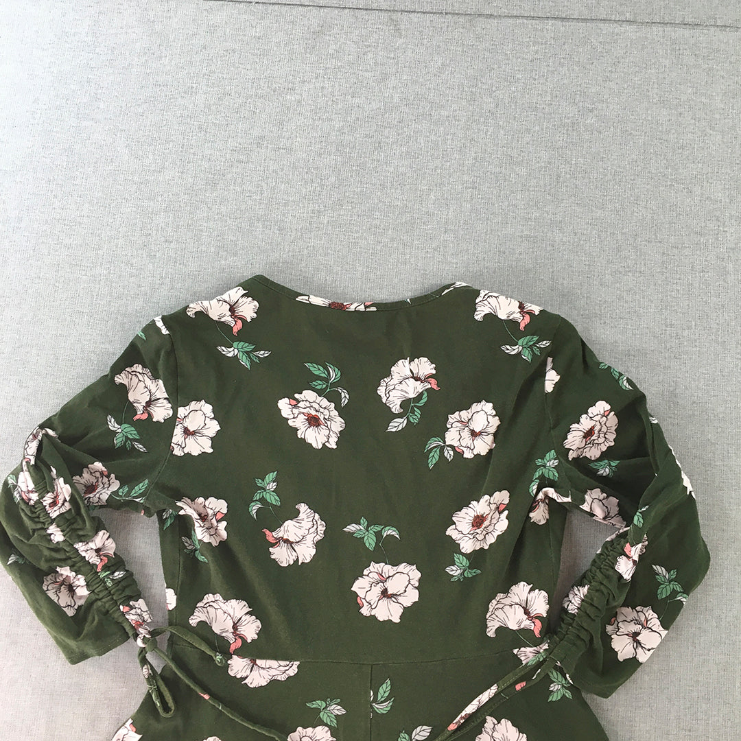 Dorothy Perkins Dress Size 6 Khaki Green Pink Floral A-Line Surplice Neckline