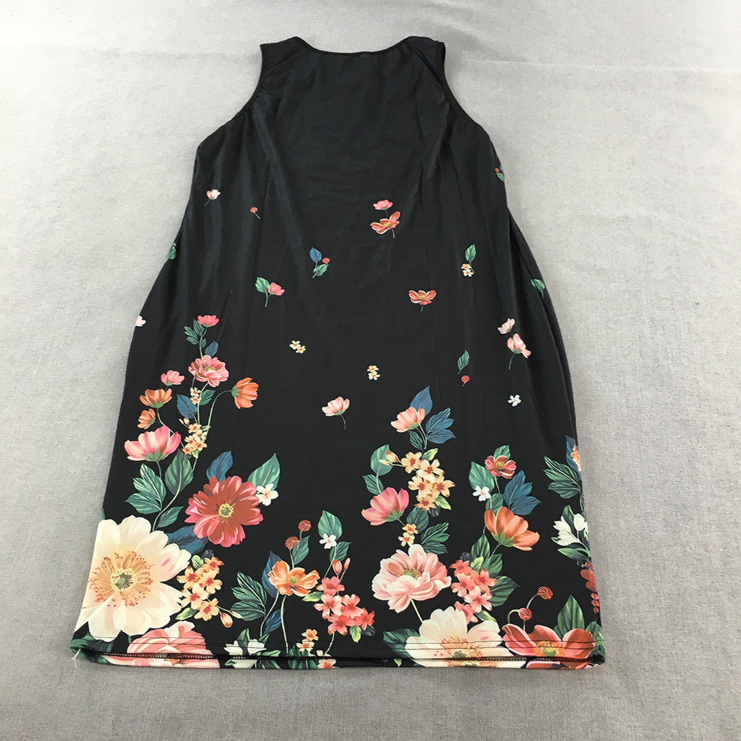 Denater Shift Dress Size 2XL Black Floral Sleeveless Knee Length