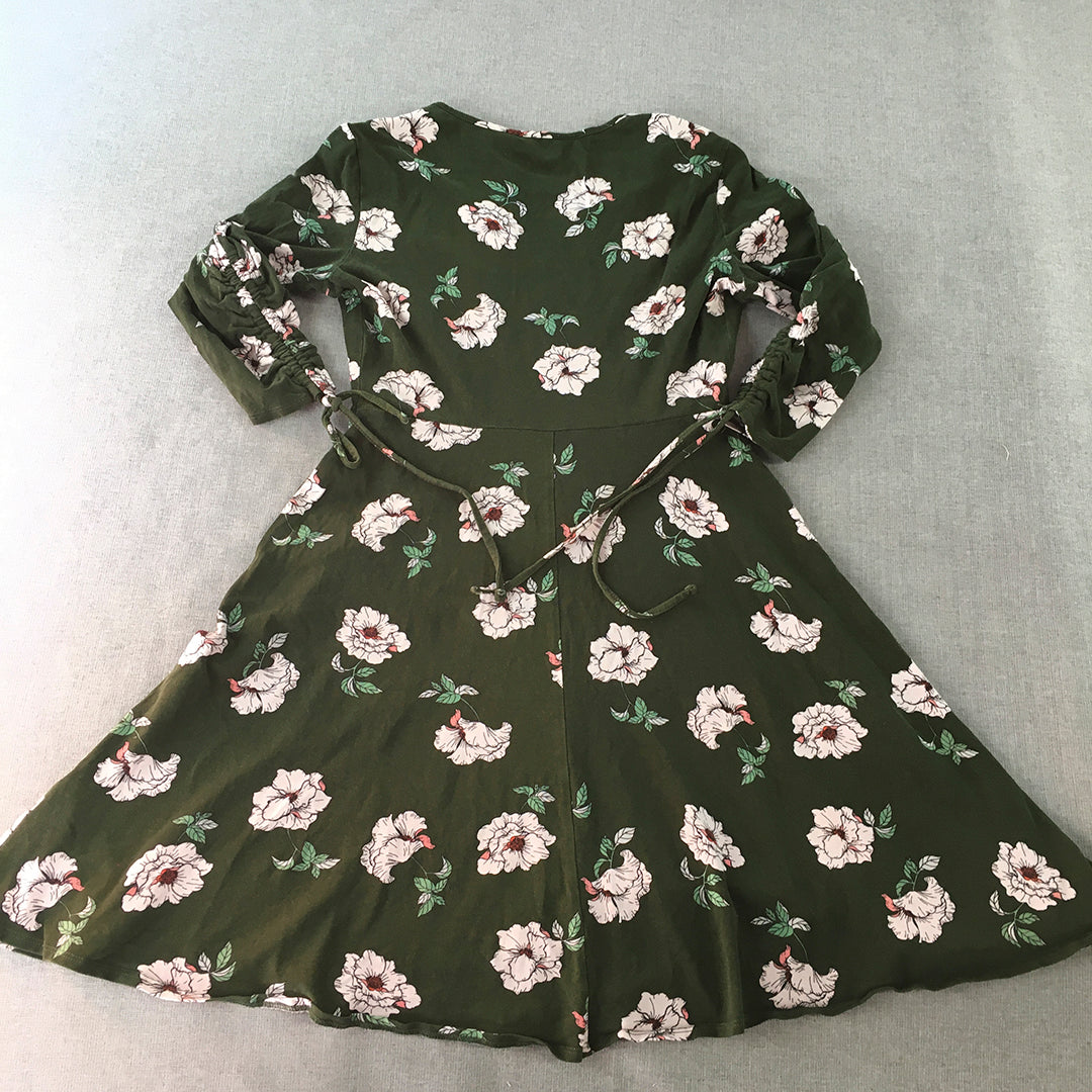 Dorothy Perkins Dress Size 6 Khaki Green Pink Floral A-Line Surplice Neckline