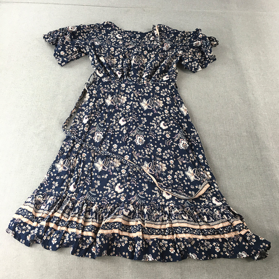 My Girl Womens Dress Size 8 Blue Fit & Flare Midi Short Sleeve Floral