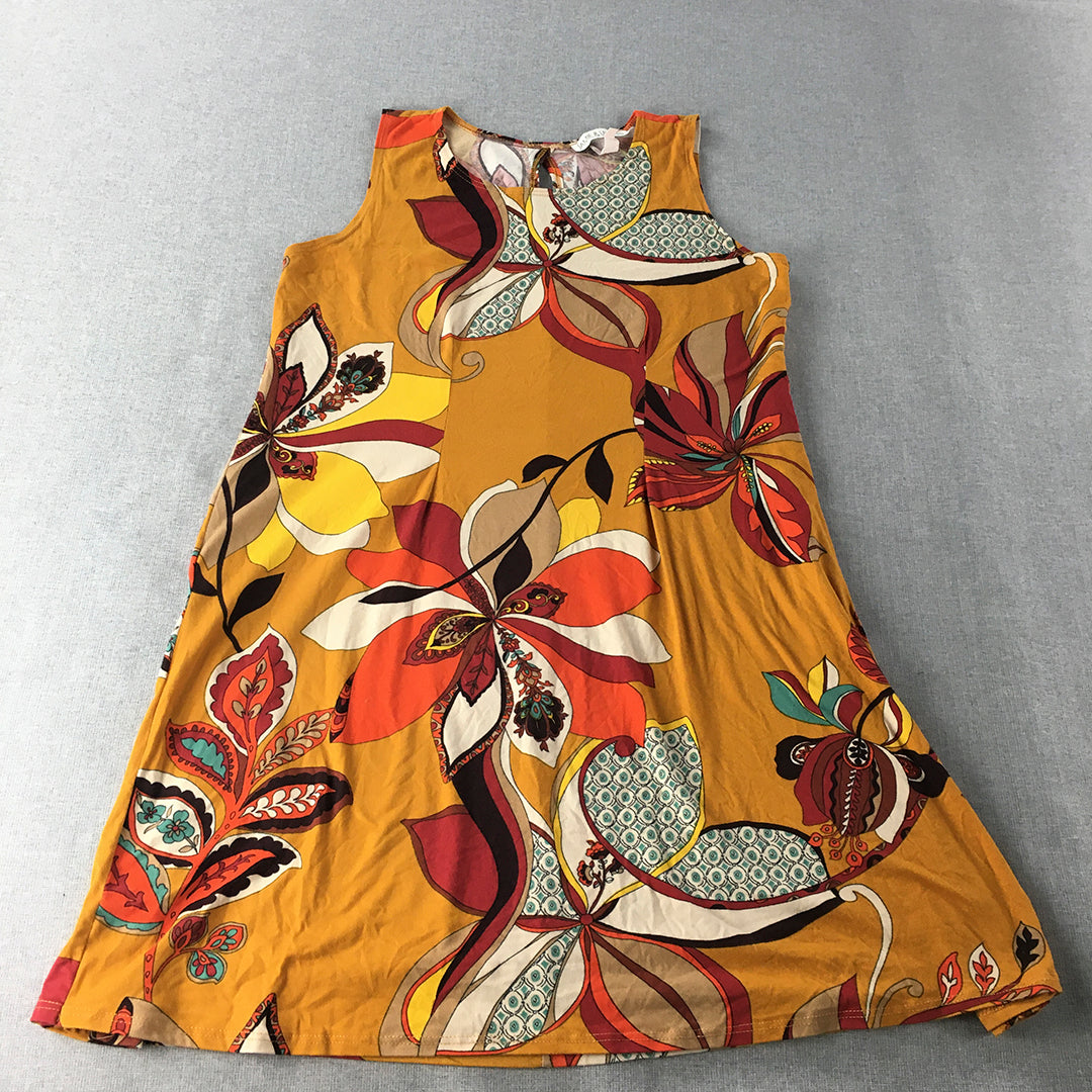 Jamie & Layla Womens Dress Size L Mustard Yellow Floral Sleeveless Mini Stretch