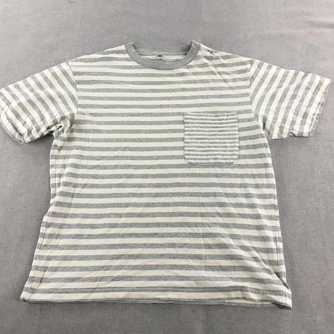 Uniqlo Mens T-Shirt Size M Grey White Striped Pocket Short Sleeve Crew Neck