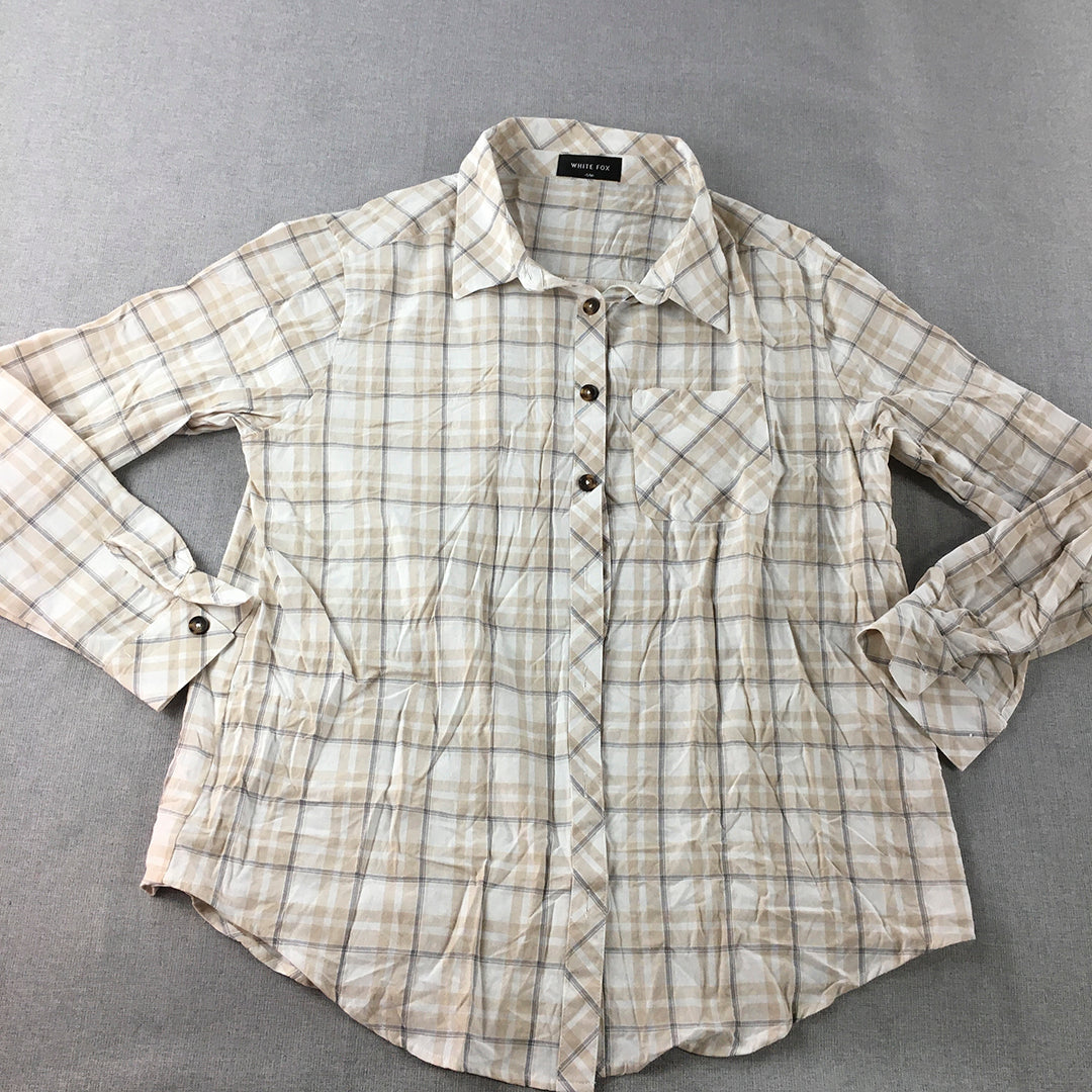 White Fox Womens Shirt Size S/M Brown White Checkered Button-Up