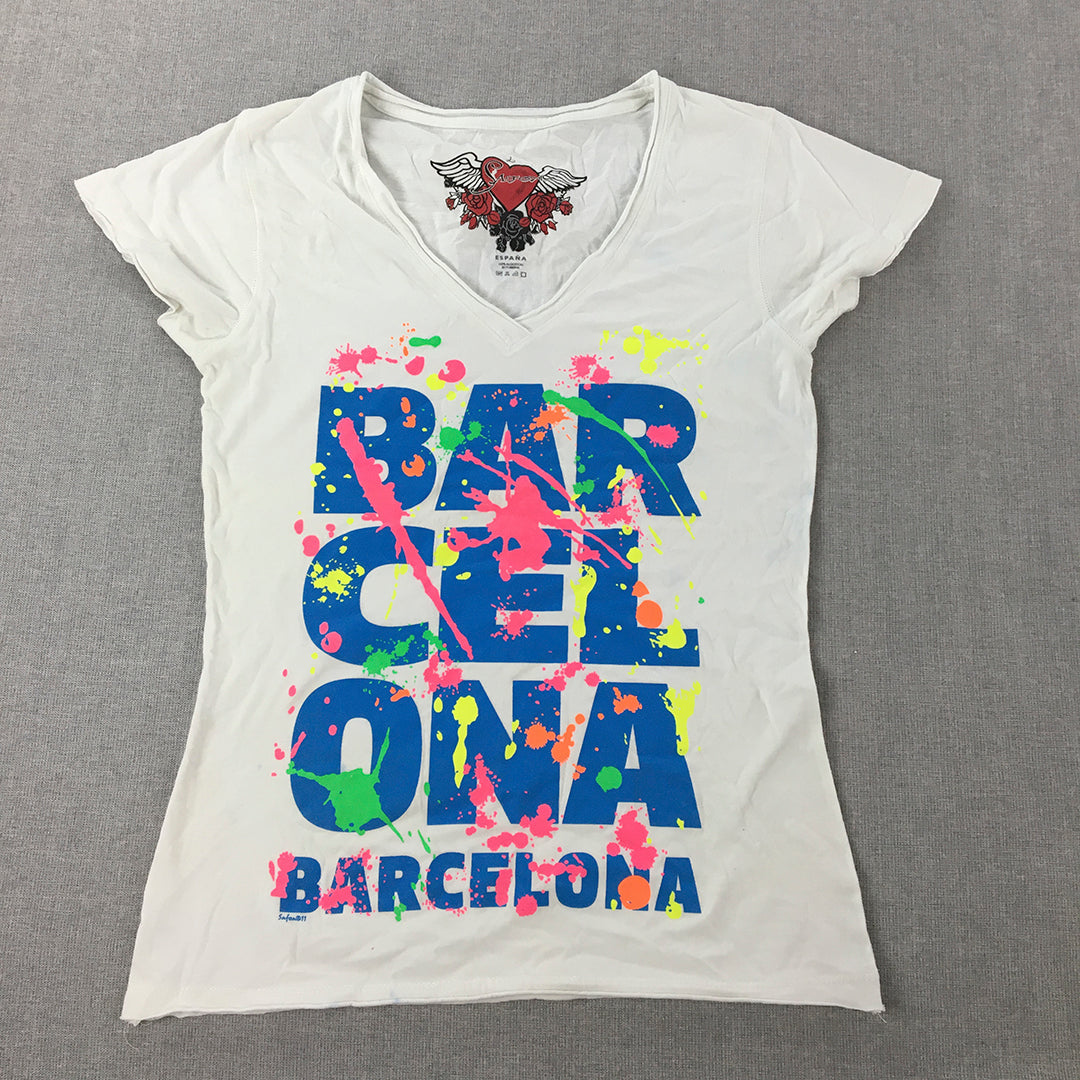 Safon Womens T-Shirt Size L White Barcalona Spain Short Sleeve Paint Splatter