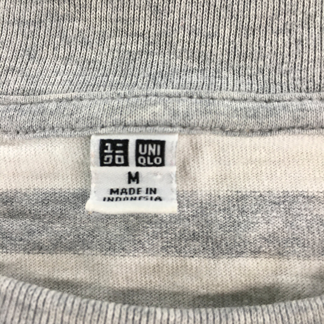 Uniqlo Mens T-Shirt Size M Grey White Striped Pocket Short Sleeve Crew Neck