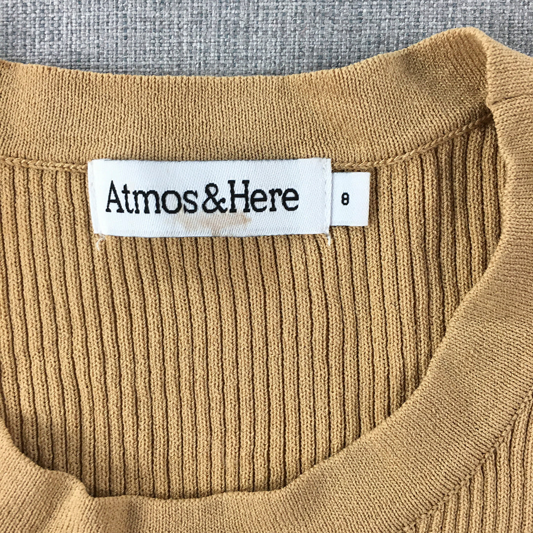 Atmos & Here Womens Knit Top Size 8 Brown Stretch Fabric Shirt Short Sleeve