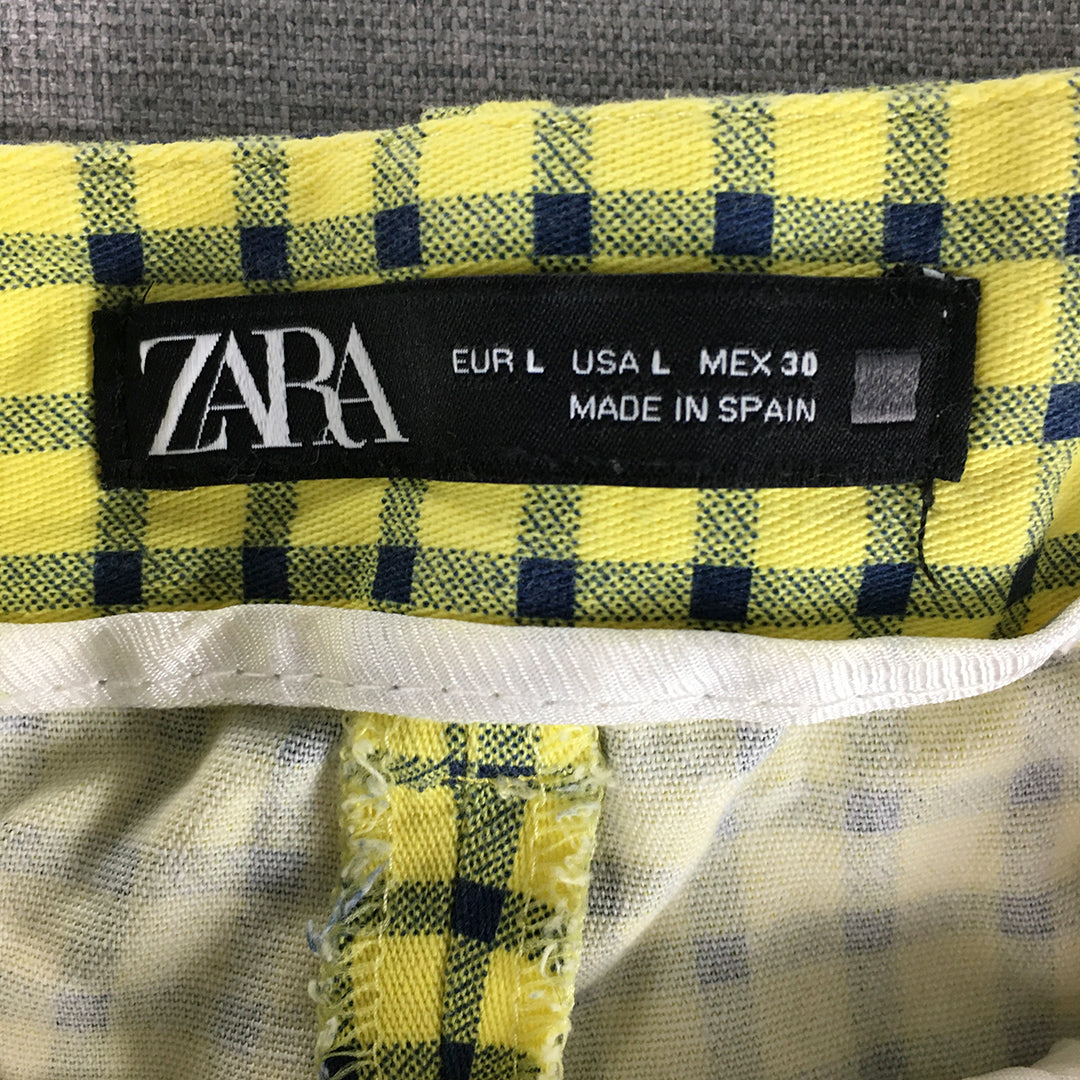 Zara Womens Shorts Size L Yellow Checkered Pockets Bermuda