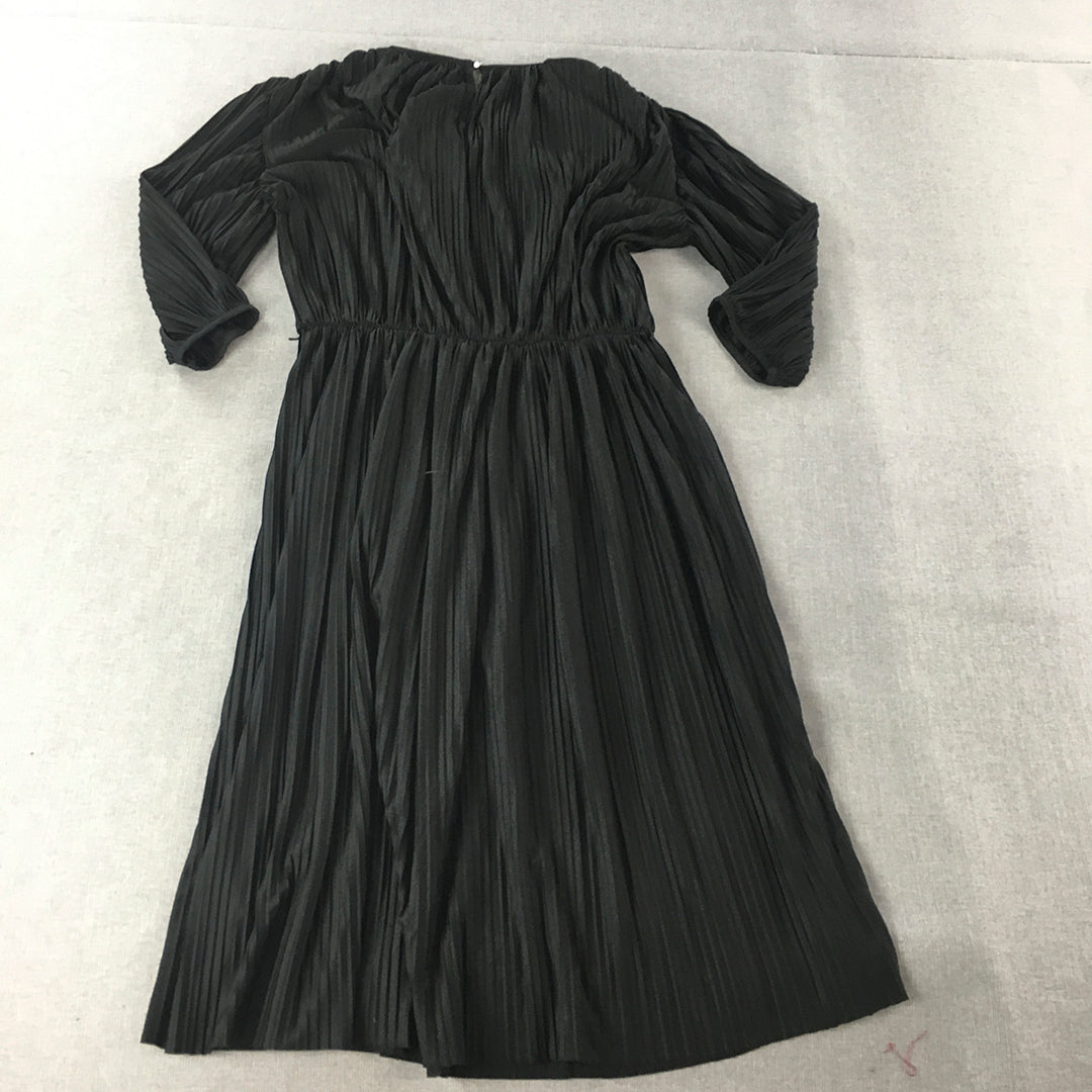 H&M Womens Pleated Dress Size S Black Midi Long Sleeve Fit & Flare