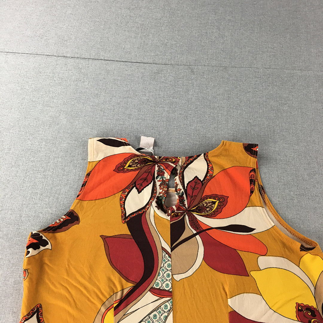 Jamie & Layla Womens Dress Size L Mustard Yellow Floral Sleeveless Mini Stretch