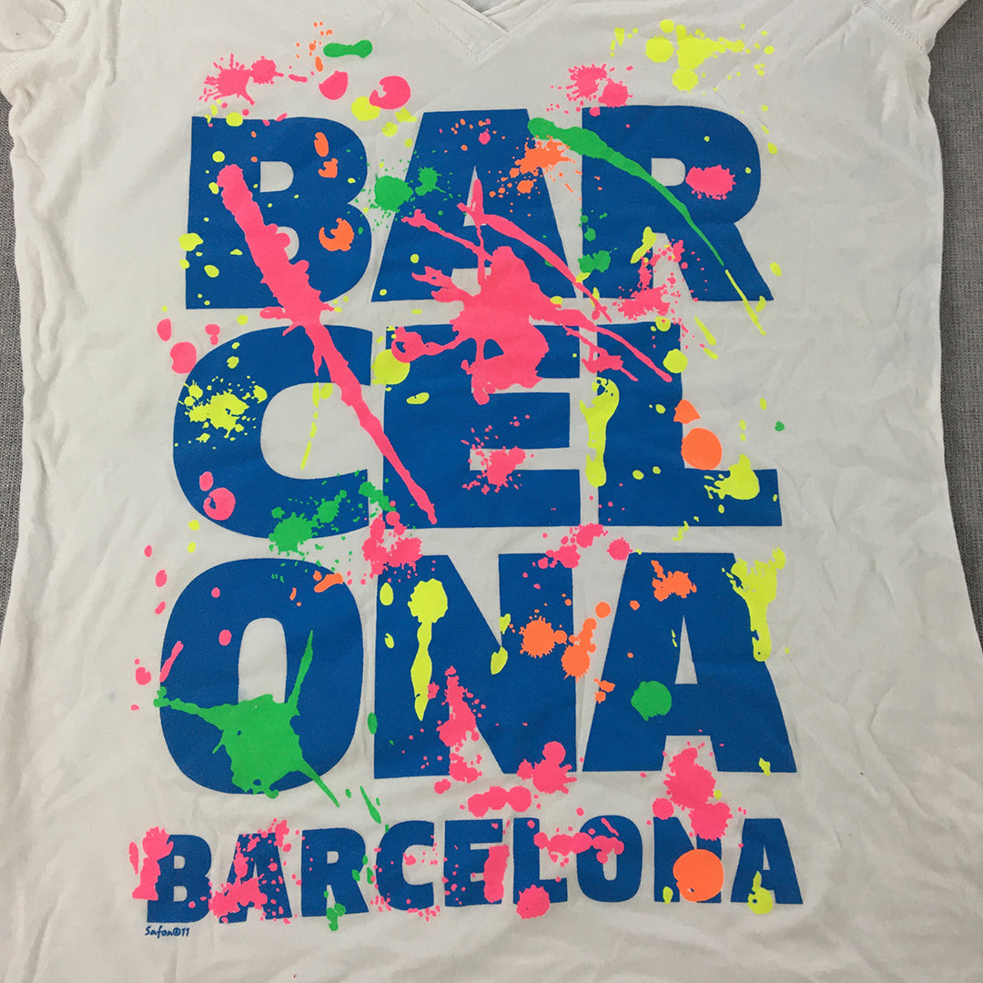 Safon Womens T-Shirt Size L White Barcalona Spain Short Sleeve Paint Splatter