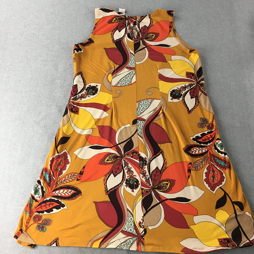 Jamie & Layla Womens Dress Size L Mustard Yellow Floral Sleeveless Mini Stretch