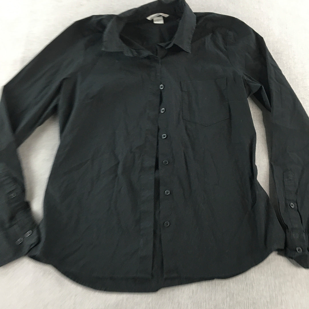 H&M Womens Shirt Size 10 Black Long Sleeve Button-Up Collared Pocket