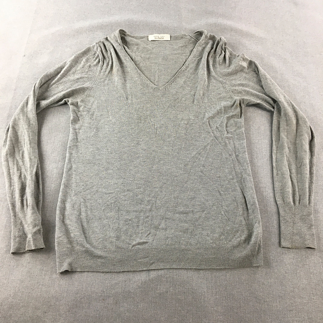 Zara Man Knit Sweater Size L Grey V-Neck Pullover Jumper