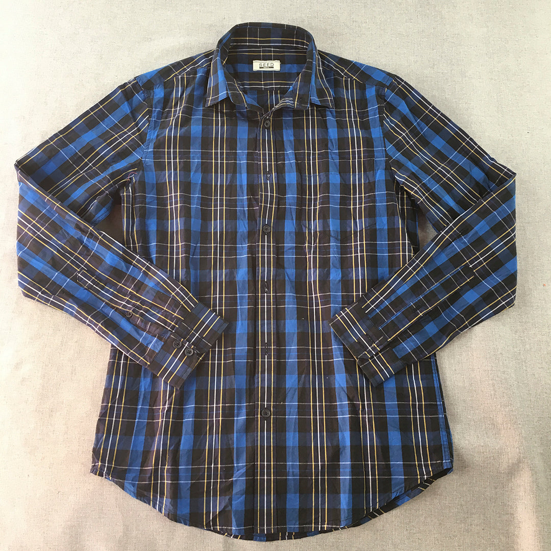 Seed Mens Shirt Size S Black Blue Checkered Long Sleeve Button-Up