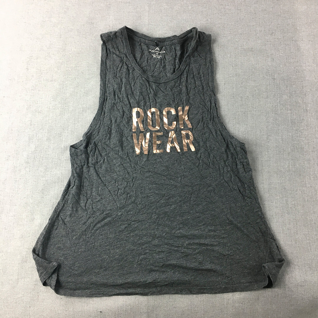 Rockwear Womens Tank Top Size 10 Grey Gold Logo Sleeveless Singlet Shirt