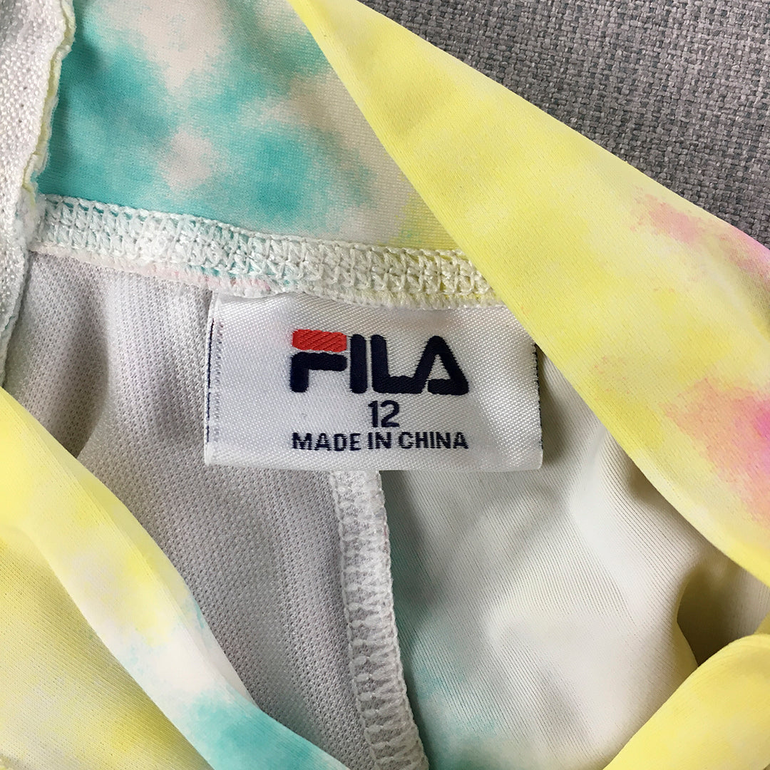 FILA Kids Girls Swimsuit Size 12 Yellow Pink Logo Back Zip One-Piece