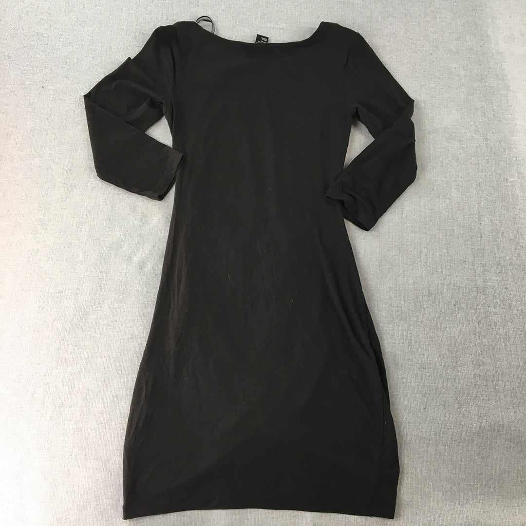 H&M Womens Ruched Mini Dress Size XS Black Stretch Fabric A-Line Long Sleeve