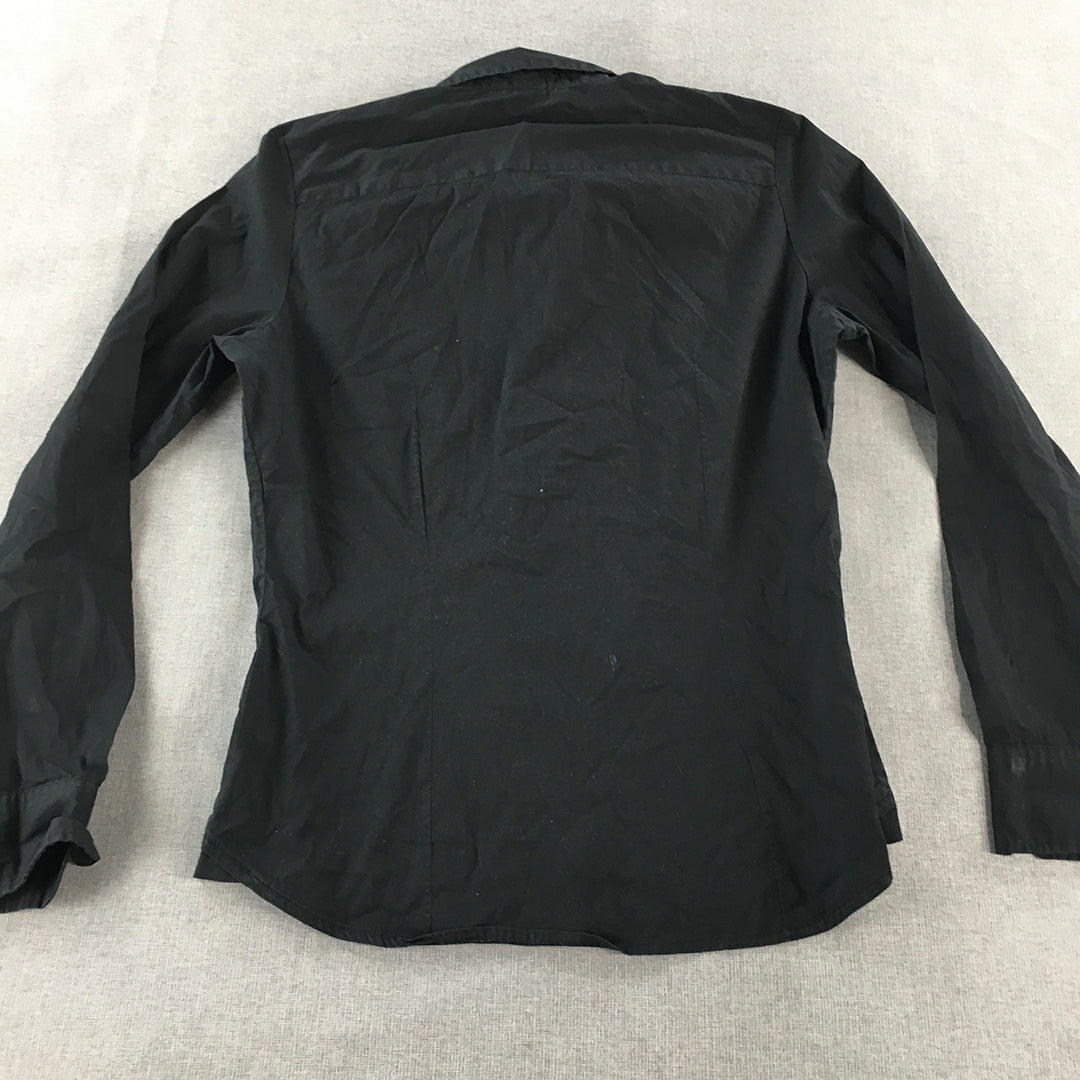 H&M Womens Shirt Size 10 Black Long Sleeve Button-Up Collared Pocket