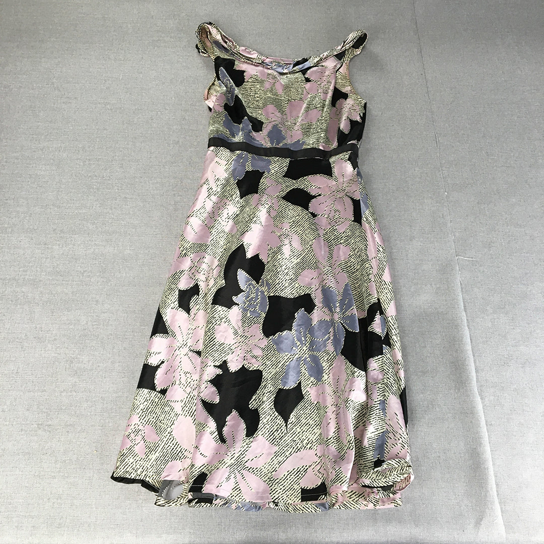 Shilla Womens A-Line Dress Size 8 Pink Black White Floral Midi Sleeveless