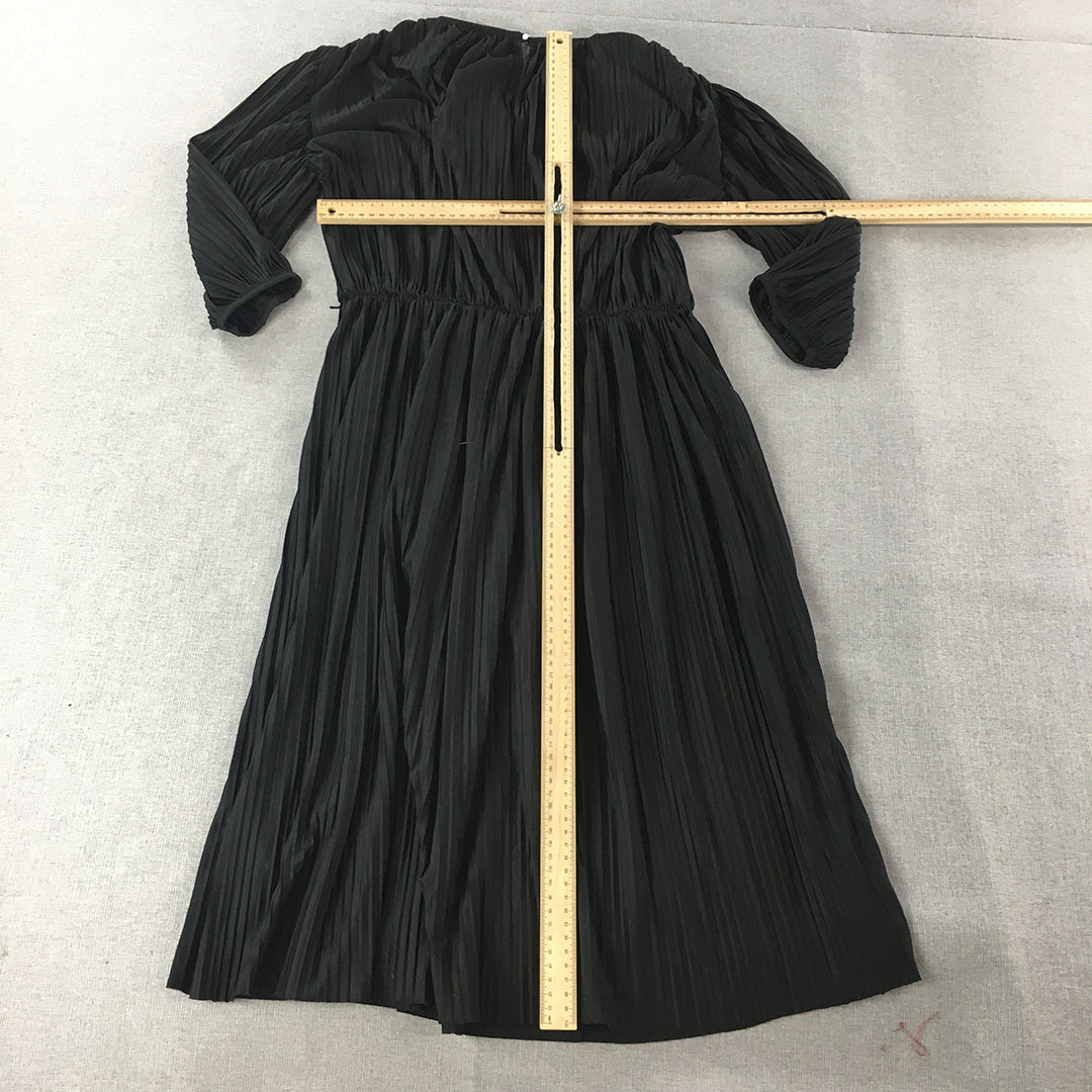 H&M Womens Pleated Dress Size S Black Midi Long Sleeve Fit & Flare