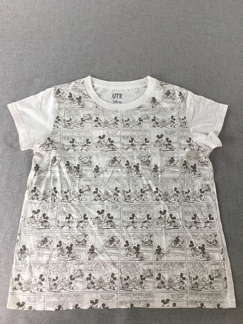 Uniqlo UT x Disney Womens T-Shirt Size M White Mickey Mouse Comic Short Sleeve