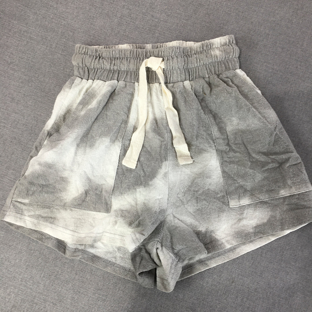 Indikah Womens Sweat Shorts Size 8 AUS Grey White Tie-Dye Drawstring Pockets