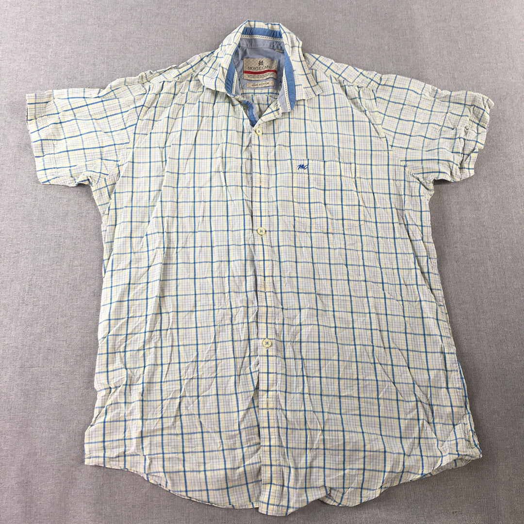 Monte Carlo Mens Shirt Size S Grey Yellow Blue Button-Up Checkered Short Sleeve