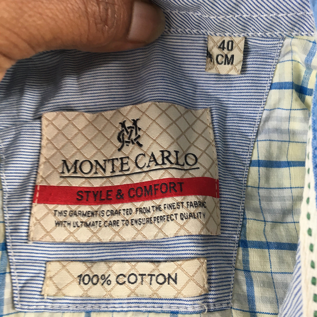 Monte Carlo Mens Shirt Size S Grey Yellow Blue Button-Up Checkered Short Sleeve